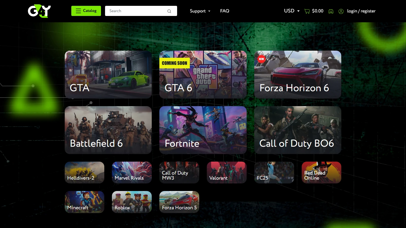 Витрина игр: GTA, GTA 6, Forza, Battlefield, Fortnite, Call of Duty.