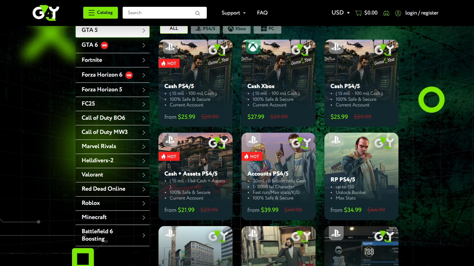 Каталог с фильтром по игре и платформе, цены и скидки.