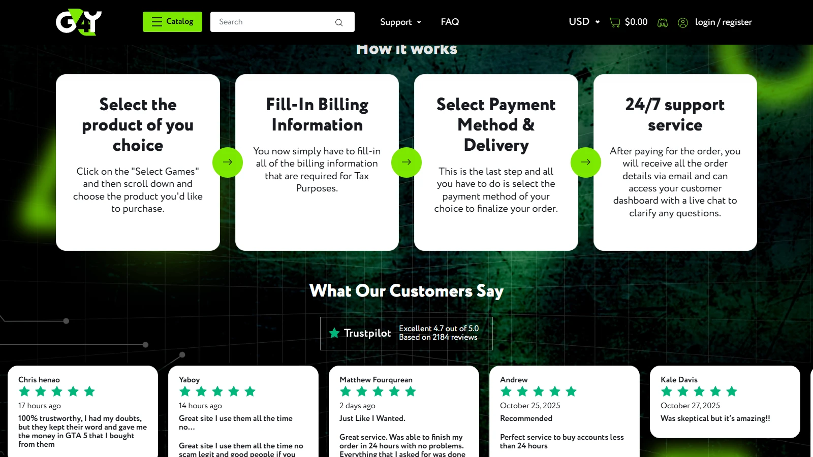 Шаги заказа и отзывы покупателей с Trustpilot.